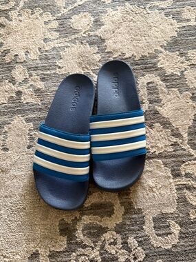 adidas Navy Blue Slide Sandals with White Stripes